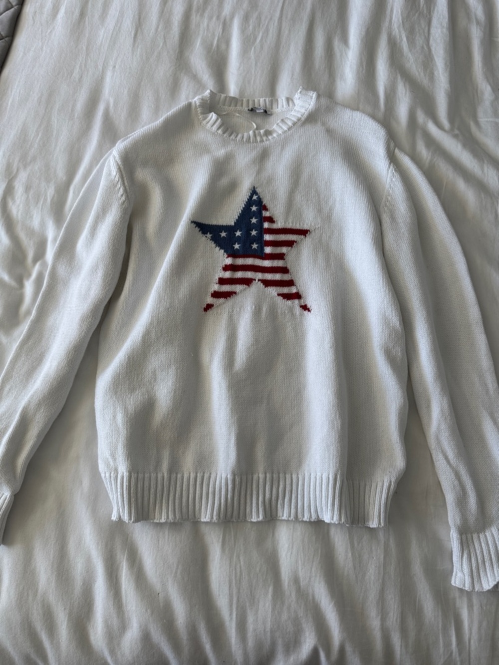 White Crewneck Sweater with Flag Star Motif